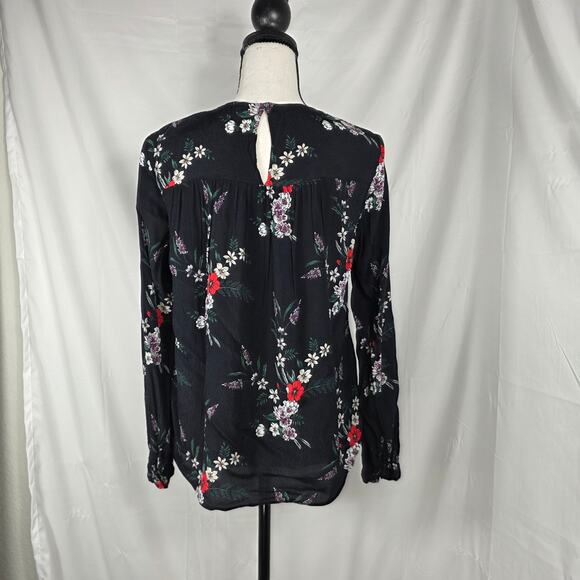 H&M Floral Blouse Women 2 Black Long Sleeve Cottage Minimalist Casual Keyhole - Picture 5 of 11